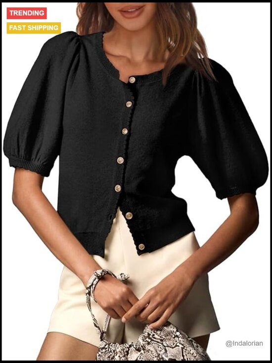 Sweaters - Puff Short Sleeve Cardigan Lightweight Summer Button Down Knit Crew Neck